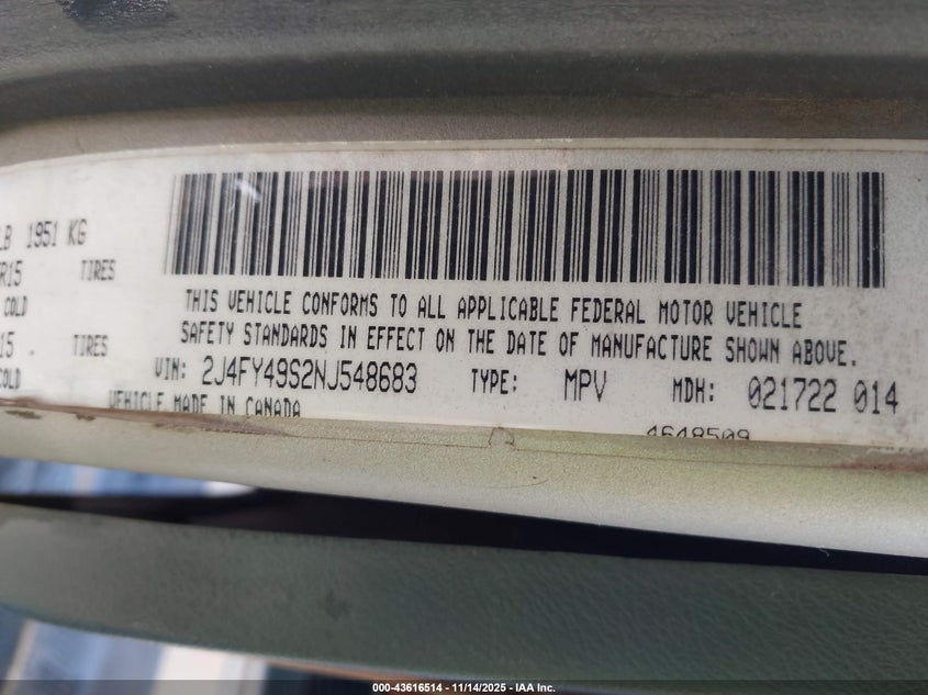 1992 Jeep Wrangler / Yj Sahara VIN: 2J4FY49S2NJ548683 Lot: 43616514