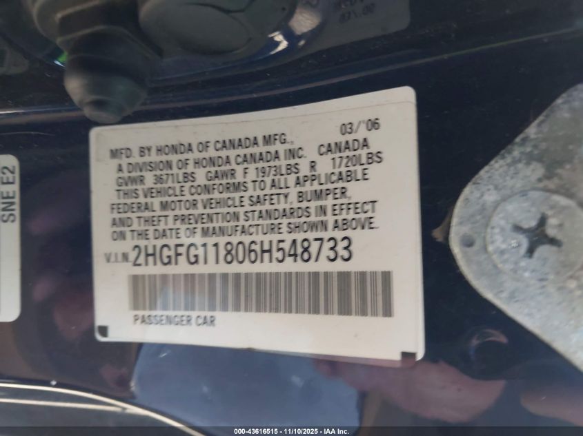 2006 Honda Civic Ex VIN: 2HGFG11806H548733 Lot: 43616515