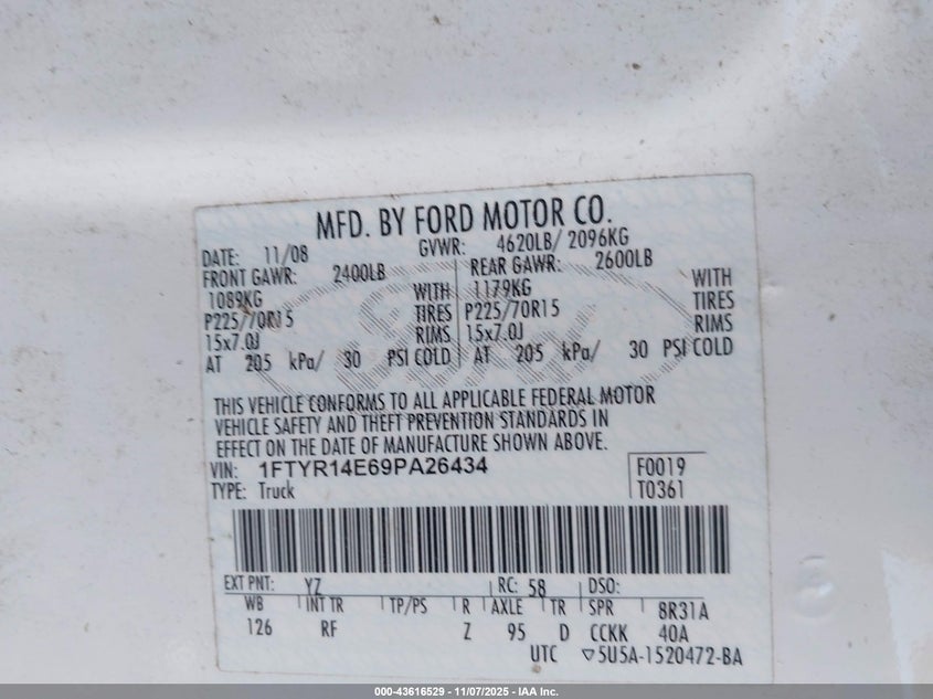 2009 Ford Ranger Sport/Xl/Xlt VIN: 1FTYR14E69PA26434 Lot: 43616529