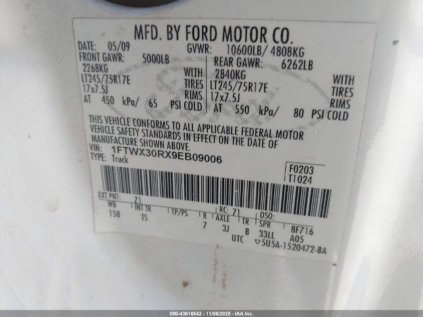 2009 Ford F-350 Lariat/Xl/Xlt VIN: 1FTWX30RX9EB09006 Lot: 43616542