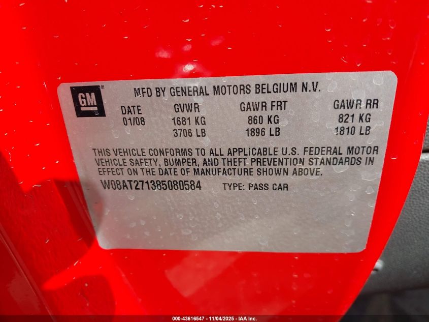 2008 Saturn Astra Xr VIN: W08AT271385080584 Lot: 43616547