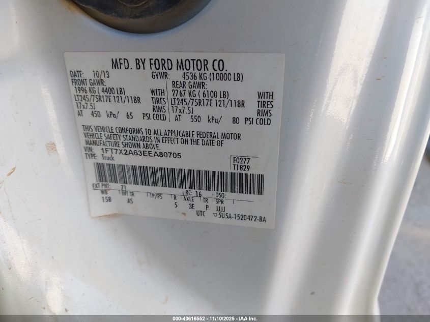 2014 Ford F-250 Xl VIN: 1FT7X2A63EEA80705 Lot: 43616552