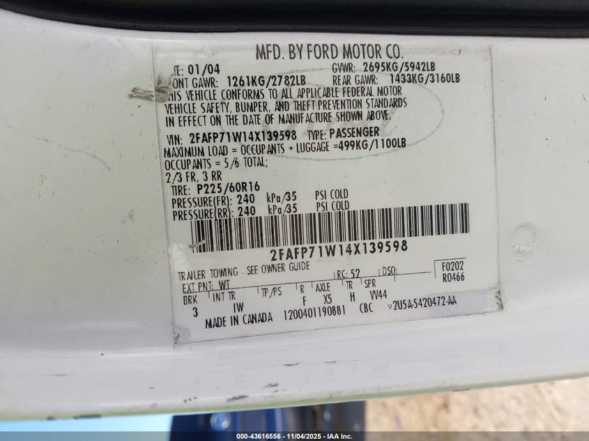 2004 Ford Crown Victoria Police VIN: 2FAFP71W14X139598 Lot: 43616556