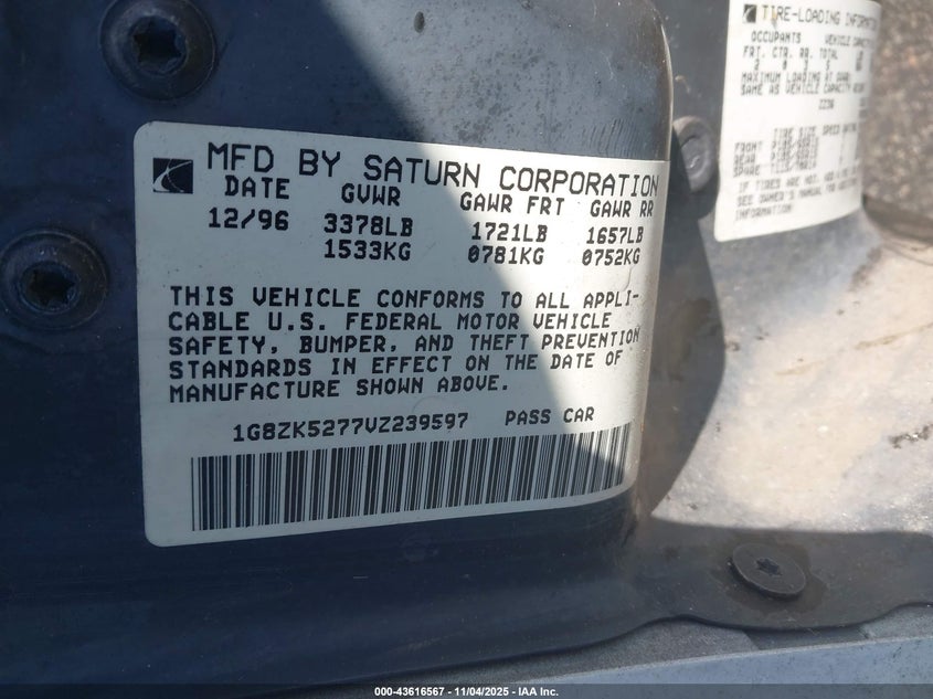 1997 Saturn Sl Sl2 VIN: 1G8ZK5277VZ239597 Lot: 43616567