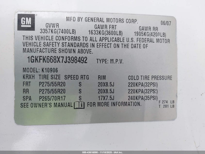 2007 GMC Yukon Xl 1500 Denali VIN: 1GKFK668X7J398492 Lot: 43616598