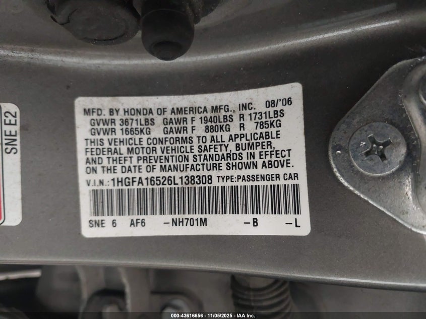 1HGFA16526L138308 2006 HONDA CIVIC photo no. 9
