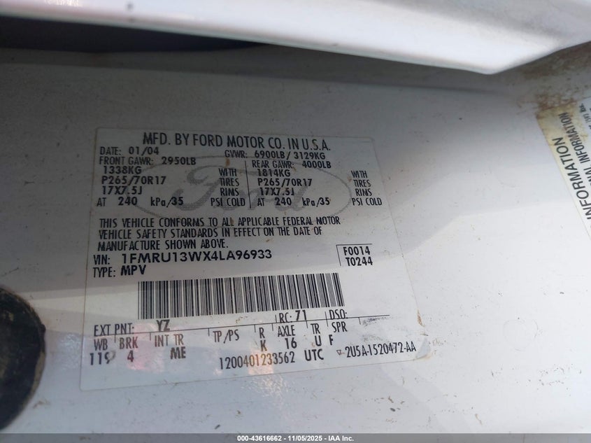 2004 Ford Expedition Xls VIN: 1FMRU13WX4LA96933 Lot: 43616662