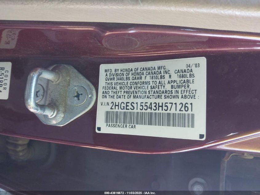 2003 Honda Civic Lx VIN: 2HGES15543H571261 Lot: 43616672