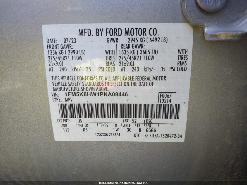 2023 FORD EXPLORER PLATINUM 1FM5K8HW1PNA08446