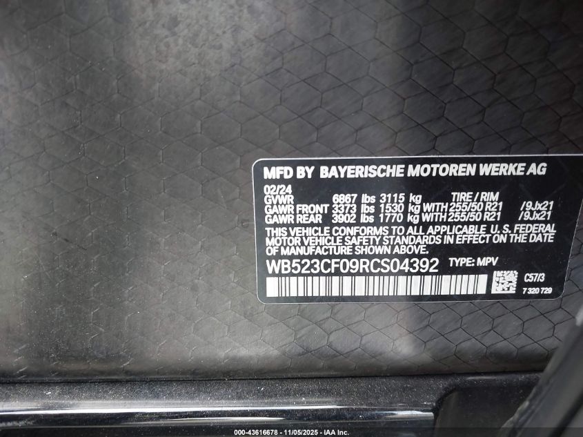 2024 BMW Ix xDrive50 VIN: WB523CF09RCS04392 Lot: 43616678