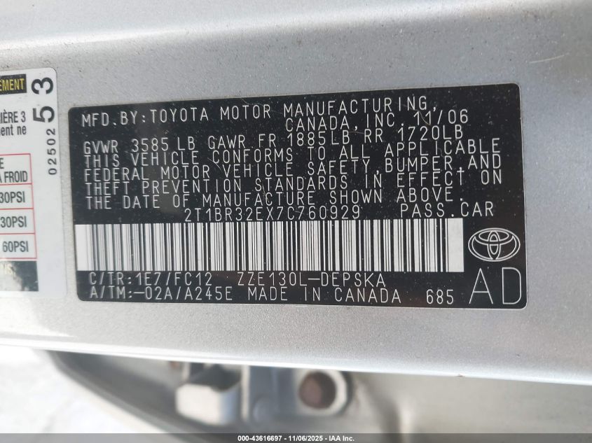 2007 Toyota Corolla S VIN: 2T1BR32EX7C760929 Lot: 43616697