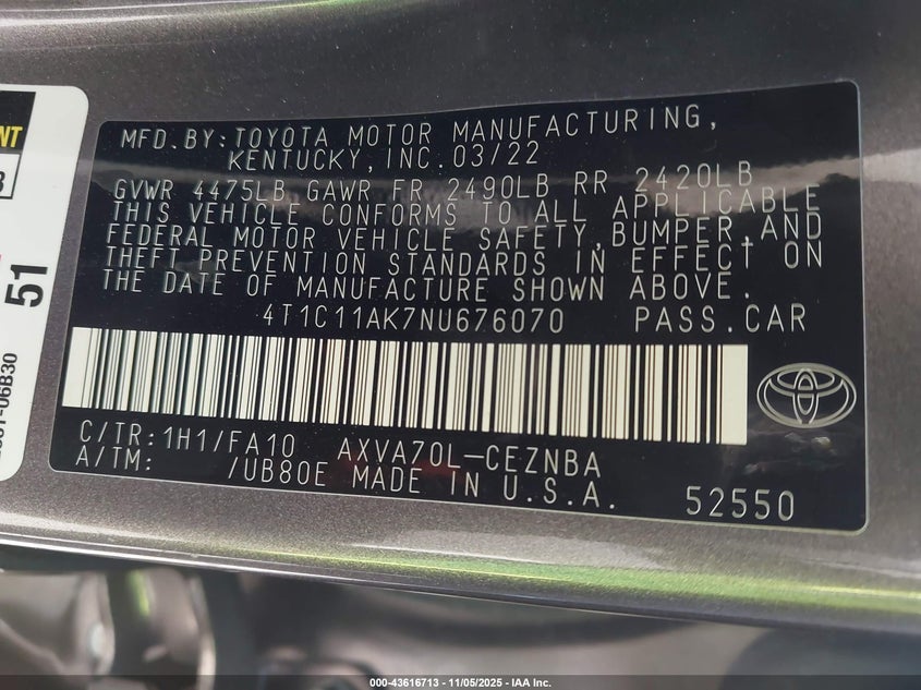 2022 TOYOTA CAMRY LE - 4T1C11AK7NU676070
