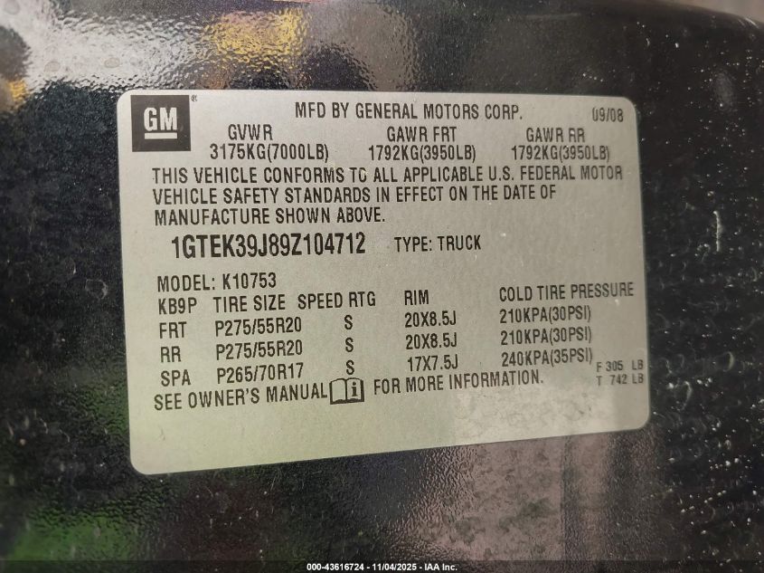 2009 GMC Sierra 1500 Slt VIN: 1GTEK39J89Z104712 Lot: 43616724