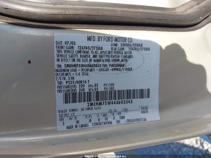 2004 Mercury Grand Marquis Ls VIN: 2MEHM75W44X603343 Lot: 43616728