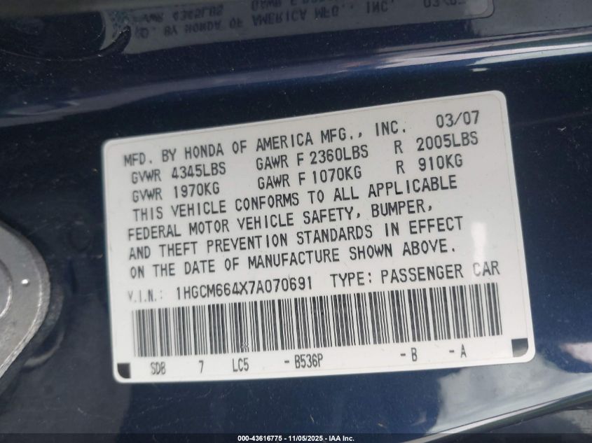 2007 Honda Accord 3.0 Se VIN: 1HGCM664X7A070691 Lot: 43616775