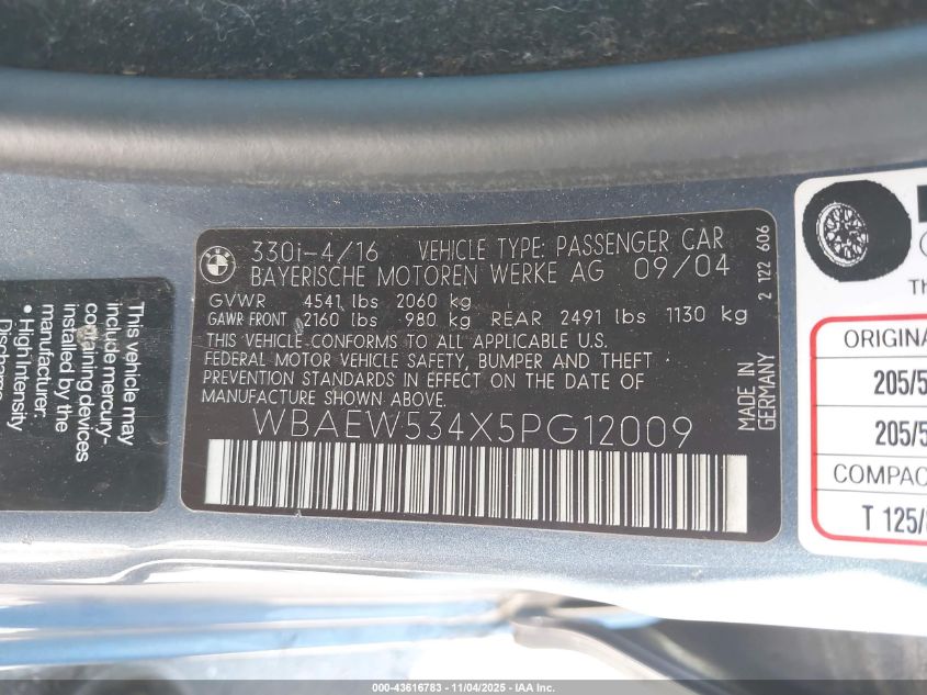 2005 BMW 330Xi VIN: WBAEW534X5PG12009 Lot: 43616783