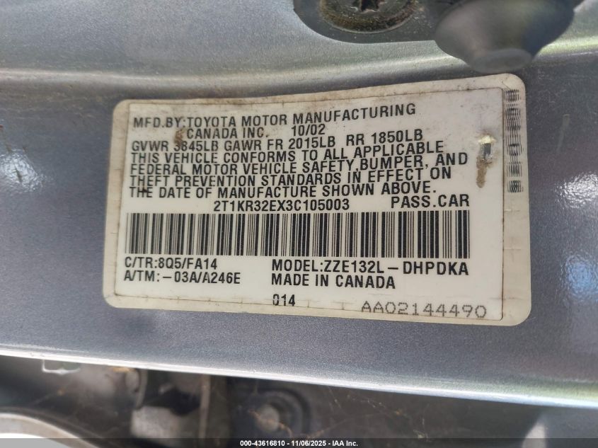 2003 Toyota Matrix Standard VIN: 2T1KR32EX3C105003 Lot: 43616810