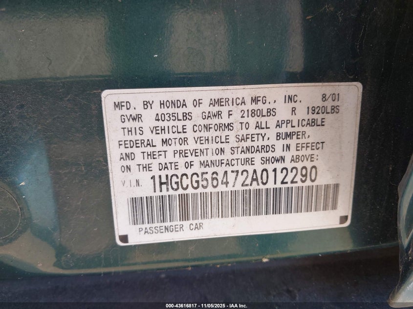 1HGCG56472A012290 2002 HONDA ACCORD photo no. 9