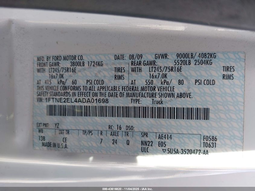 2010 Ford E-250 Commercial/Recreational VIN: 1FTNE2EL4ADA01698 Lot: 43616820