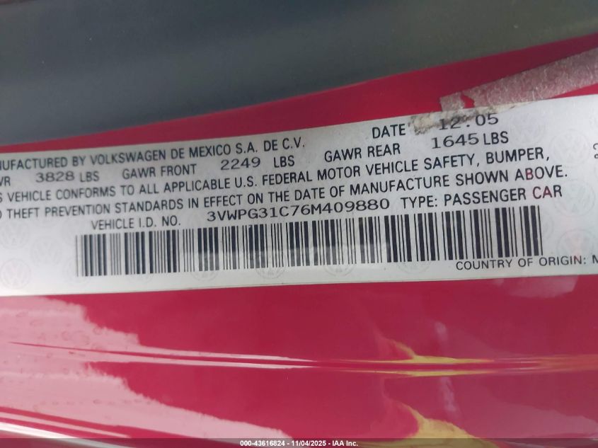 2006 Volkswagen New Beetle 2.5 VIN: 3VWPG31C76M409880 Lot: 43616824