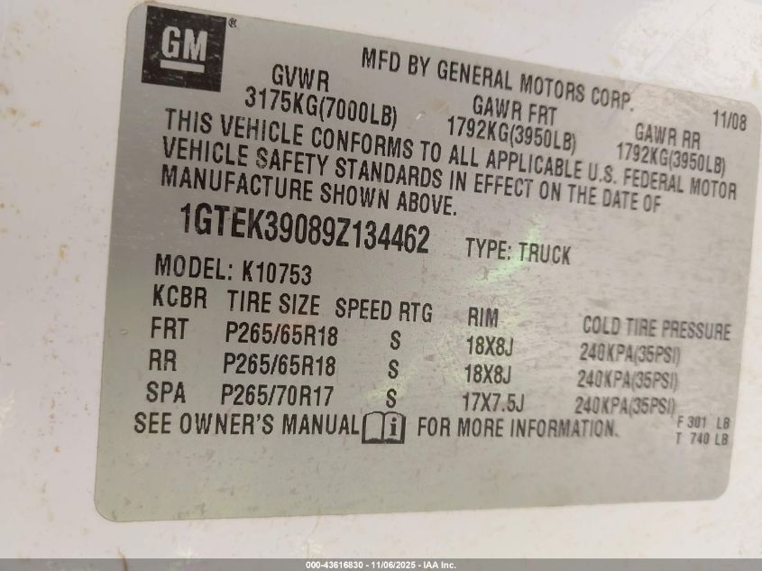 2009 GMC Sierra 1500 Slt VIN: 1GTEK39089Z134462 Lot: 43616830
