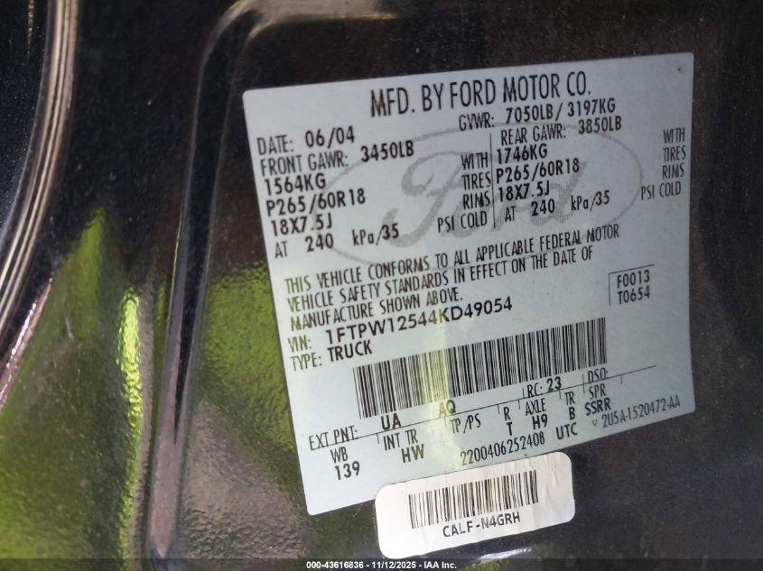 2004 Ford F-150 Lariat/Xlt VIN: 1FTPW12544KD49054 Lot: 43616836
