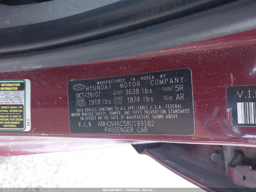 2008 Hyundai Accent Gls VIN: KMHCN46C58U199182 Lot: 43616847