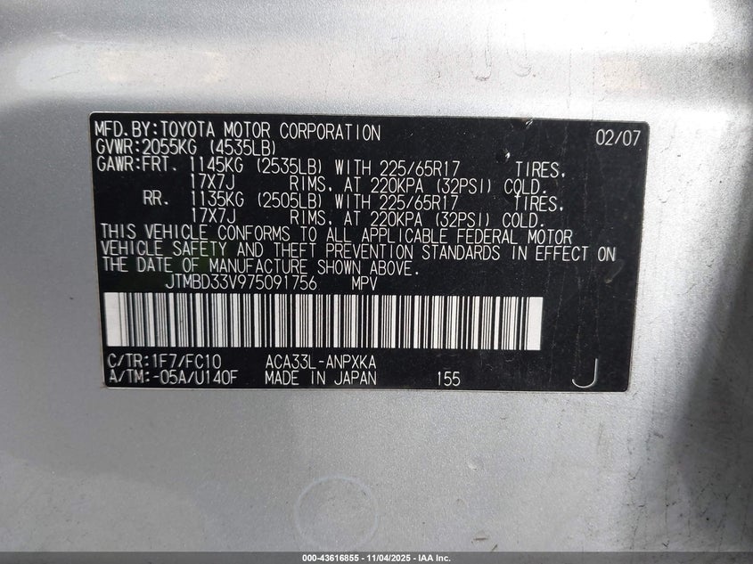 2007 Toyota Rav4 VIN: JTMBD33V975091756 Lot: 43616855