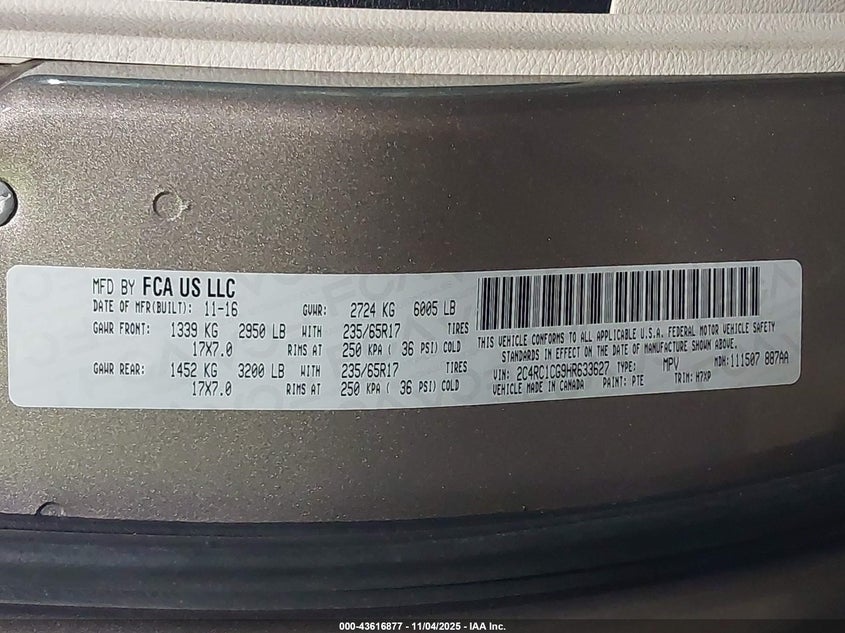 2017 Chrysler Pacifica Lx VIN: 2C4RC1CG9HR633627 Lot: 43616877