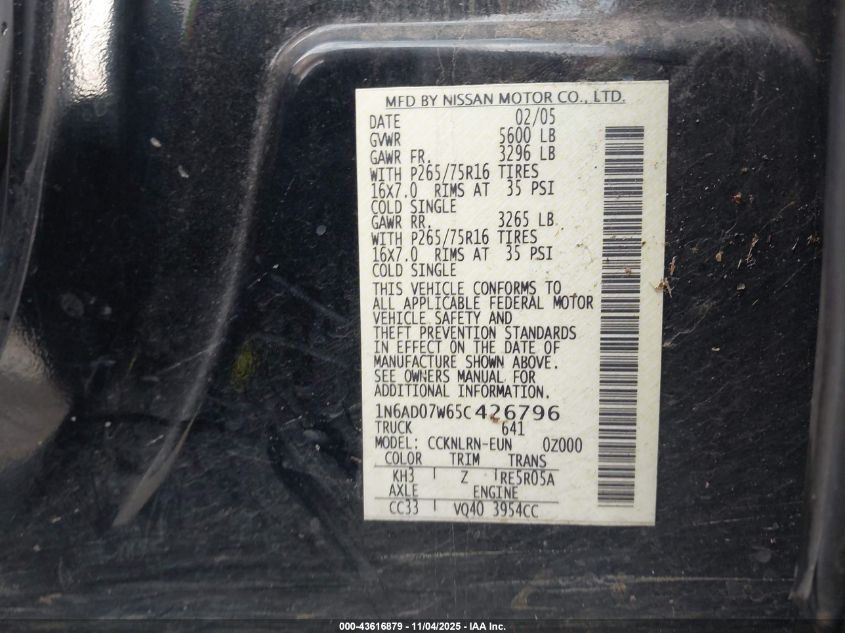 2005 Nissan Frontier Nismo Off Road VIN: 1N6AD07W65C426796 Lot: 43616879