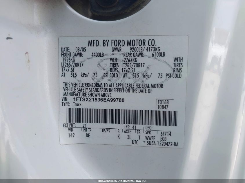 2006 Ford F-250 Lariat/Xl/Xlt VIN: 1FTSX21536EA99788 Lot: 43616885