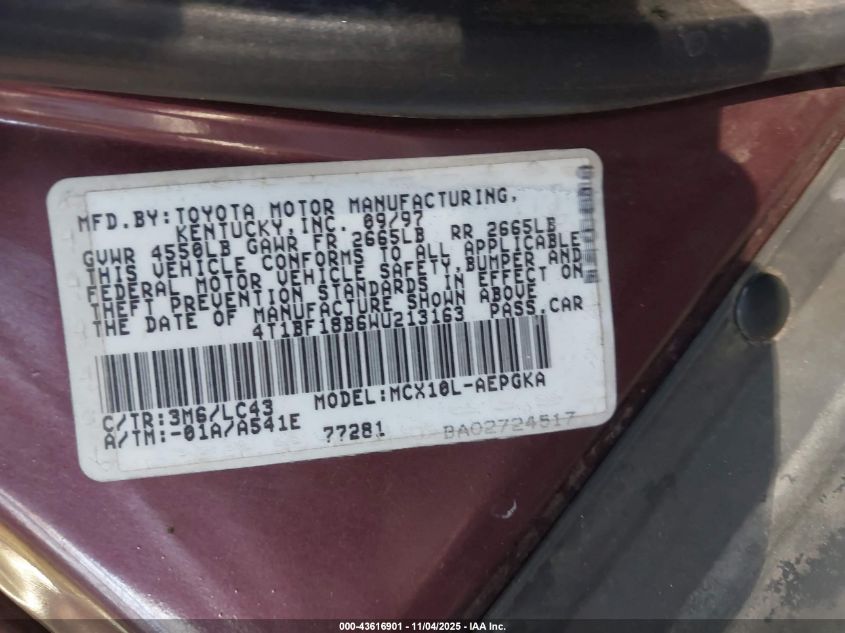 1998 Toyota Avalon Xls VIN: 4T1BF18B6WU213163 Lot: 43616901