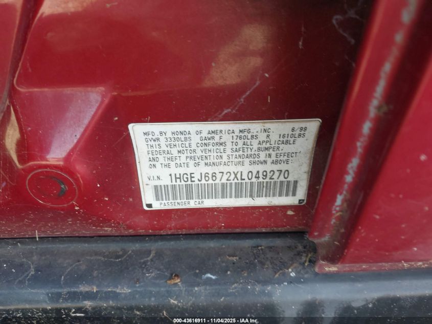 1999 Honda Civic Lx VIN: 1HGEJ6672XL049270 Lot: 43616911