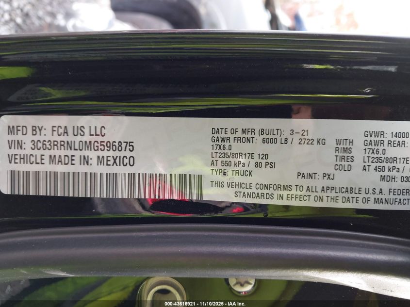 2021 Ram 3500 Limited Longhorn 4X4 6'4 Box VIN: 3C63RRNL0MG596875 Lot: 43616921
