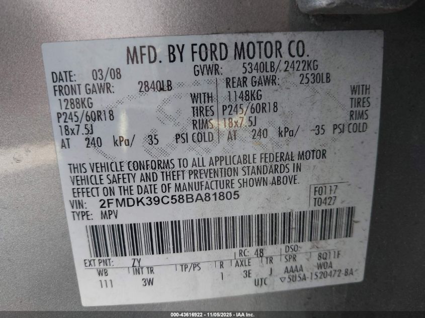 2008 Ford Edge Limited VIN: 2FMDK39C58BA81805 Lot: 43616922