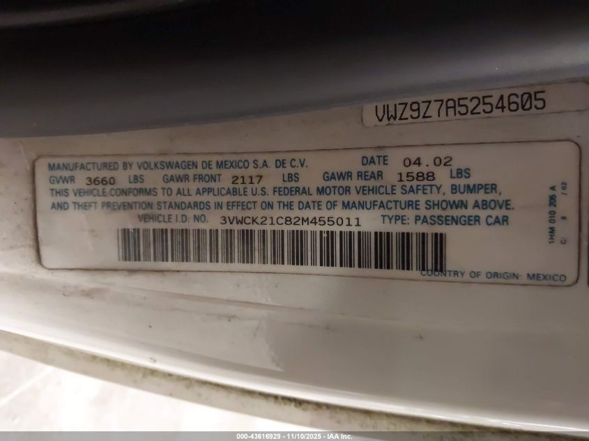 2002 Volkswagen New Beetle Gls VIN: 3VWCK21C82M455011 Lot: 43616929