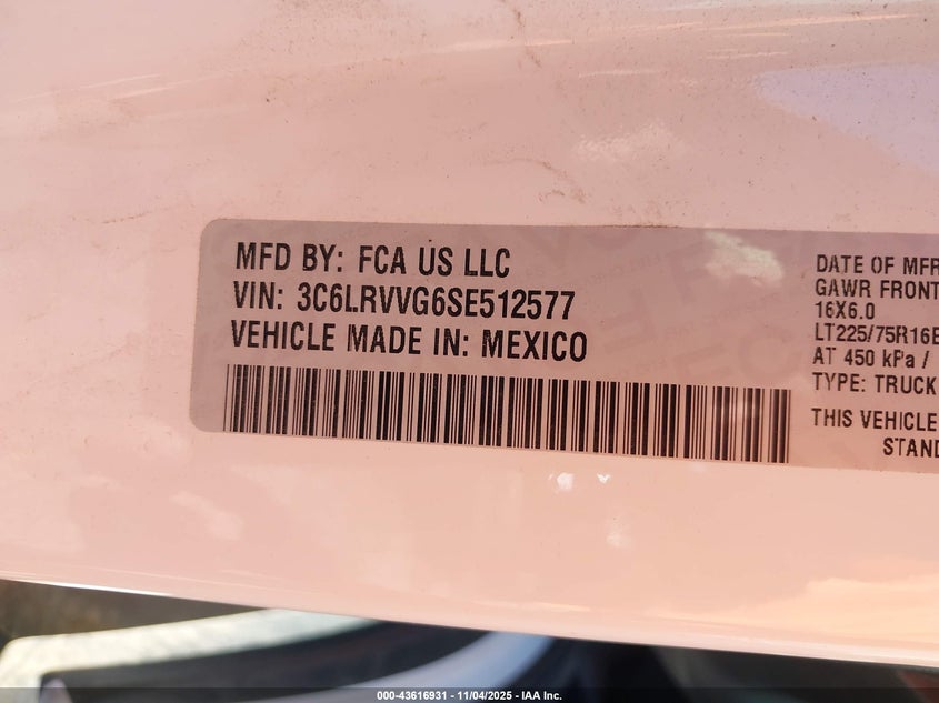 2025 RAM PROMASTER 2500 TRADESMAN LOW ROOF 136 WB W/PASS SEAT 3C6LRVVG6SE512577