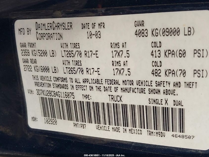 2004 Dodge Ram 2500 Slt/Laramie VIN: 3D7KU28C84G116075 Lot: 43616951
