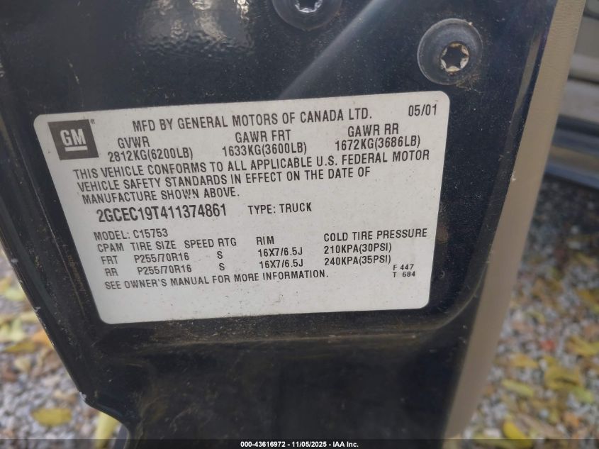 2001 Chevrolet Silverado 1500 Lt VIN: 2GCEC19T411374861 Lot: 43616972