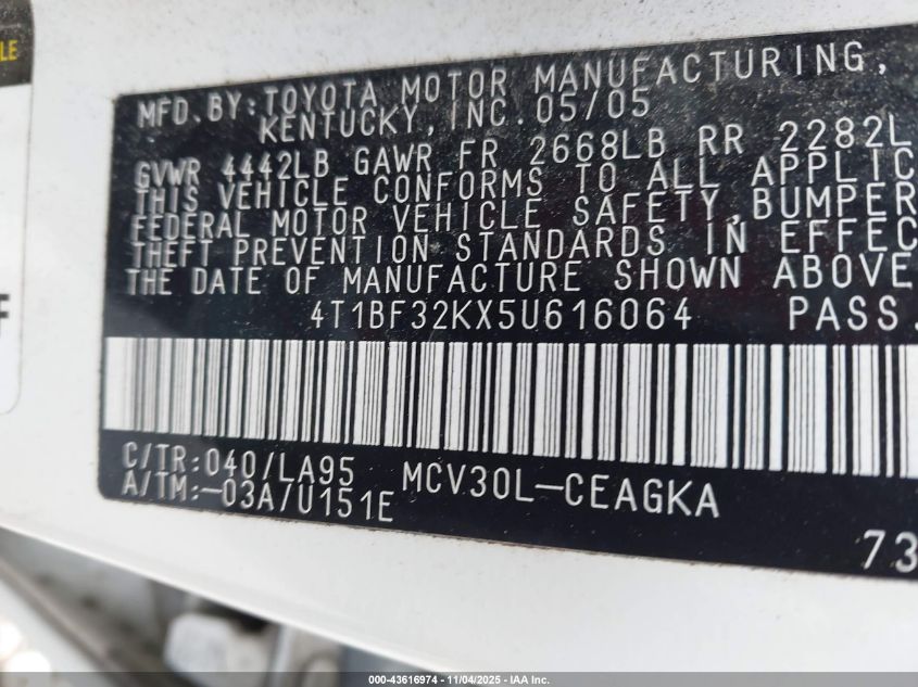 2005 Toyota Camry Xle V6 VIN: 4T1BF32KX5U616064 Lot: 43616974