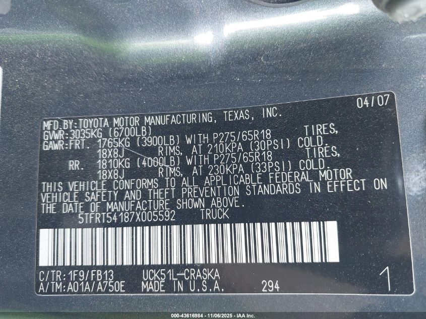 2007 Toyota Tundra Sr5 4.7L V8 VIN: 5TFRT54187X005592 Lot: 43616984