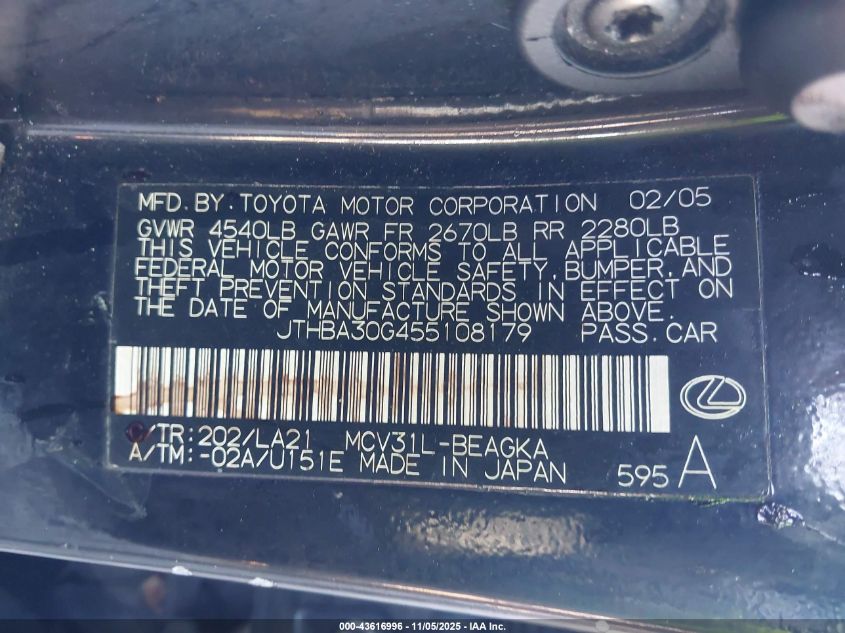 2005 Lexus Es 330 VIN: JTHBA30G455108179 Lot: 43616996