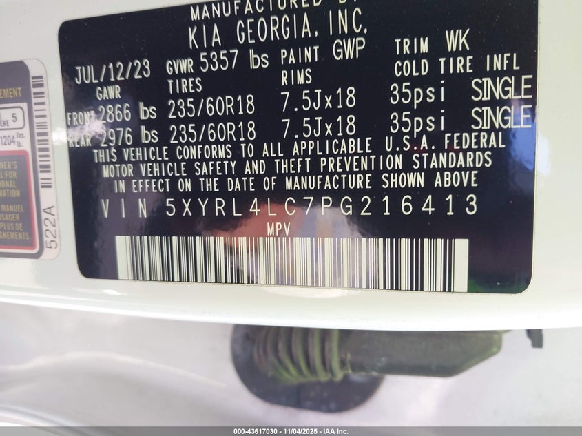 VIN 5XYRL4LC7PG216413 2023 KIA SORENTO S