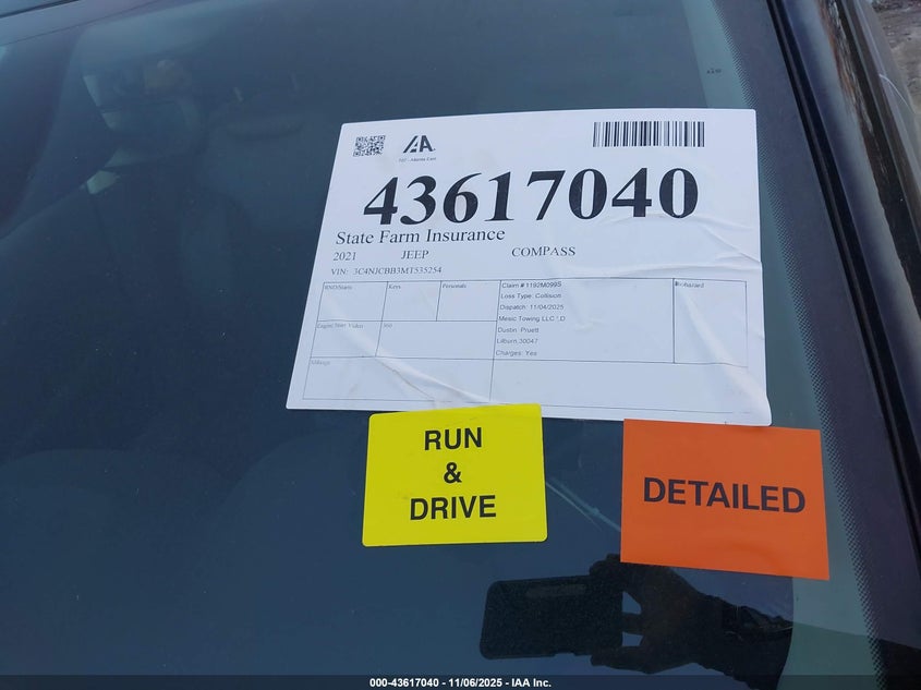 2021 Jeep Compass Altitude Fwd VIN: 3C4NJCBB3MT535254 Lot: 43617040