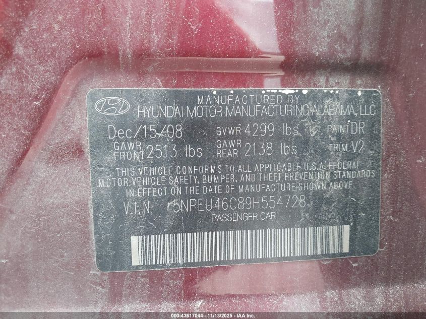 2009 Hyundai Sonata Limited VIN: 5NPEU46C89H554728 Lot: 43617044