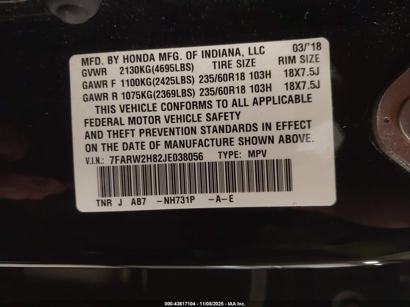 2018 HONDA CR-V EX-L/EX-L NAVI - 7FARW2H82JE038056