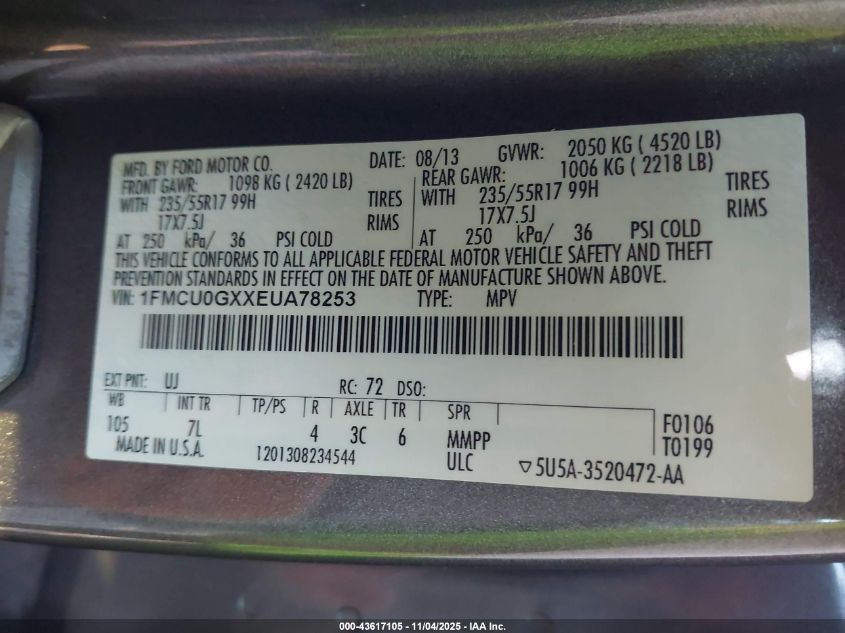 2014 Ford Escape Se VIN: 1FMCU0GXXEUA78253 Lot: 43617105