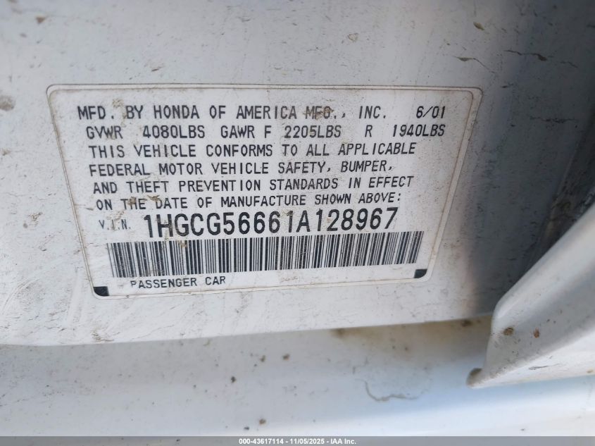 2001 Honda Accord Ex VIN: 1HGCG56661A128967 Lot: 43617114