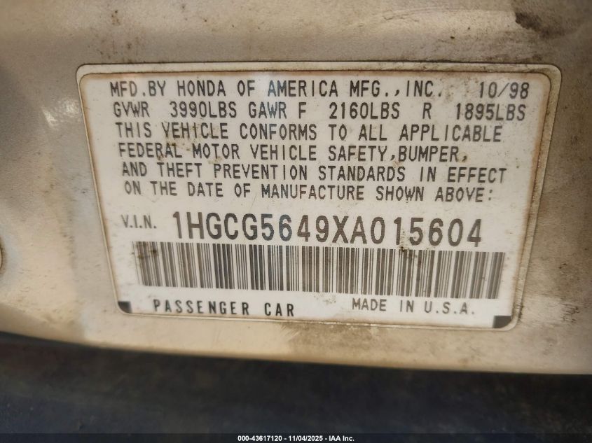 1999 Honda Accord Lx VIN: 1HGCG5649XA015604 Lot: 43617120