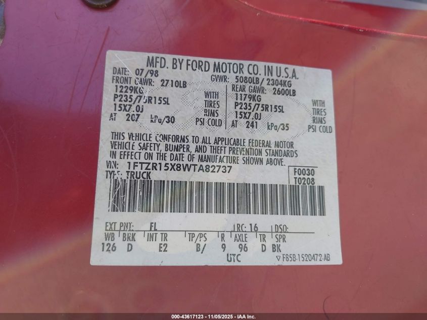 1998 Ford Ranger Splash/Xl/Xlt VIN: 1FTZR15X8WTA82737 Lot: 43617123
